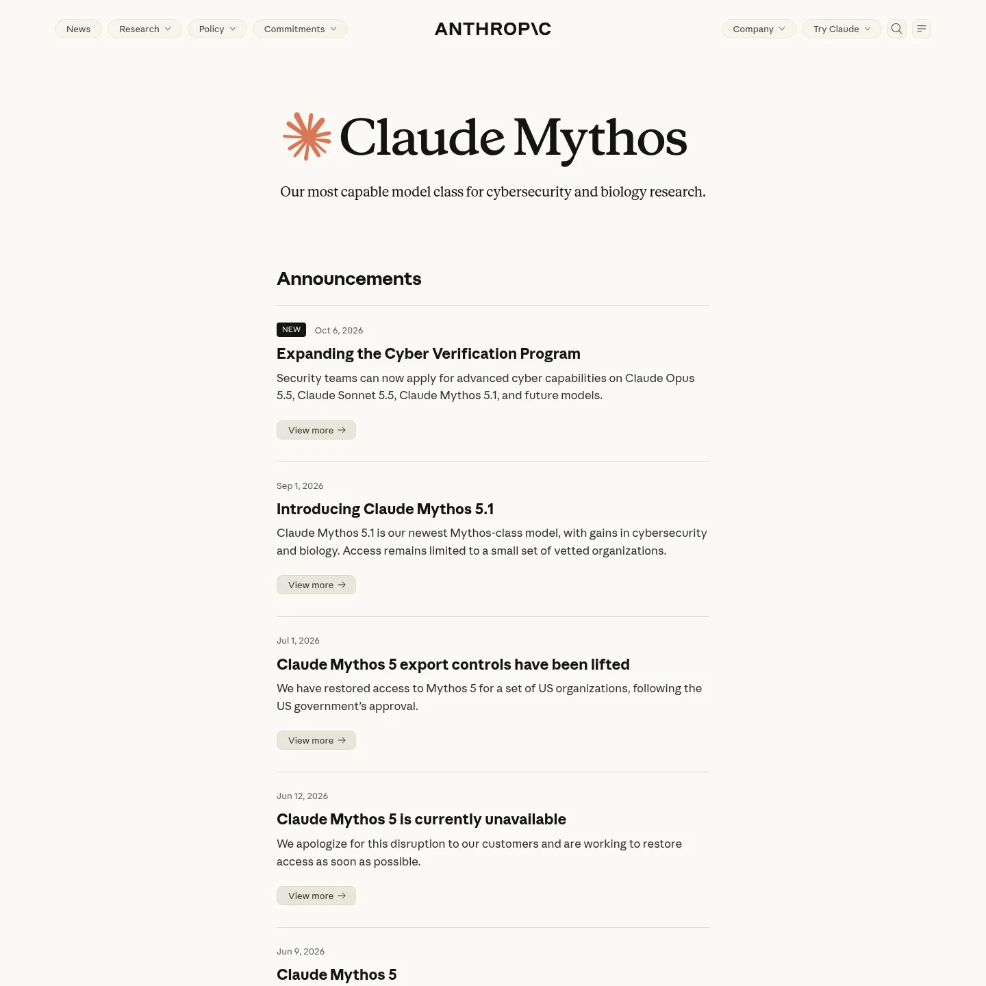 صفحة Claude Mythos الرسمية لدى Anthropic، وتعرض إتاحته الحالية وضوابط الحماية