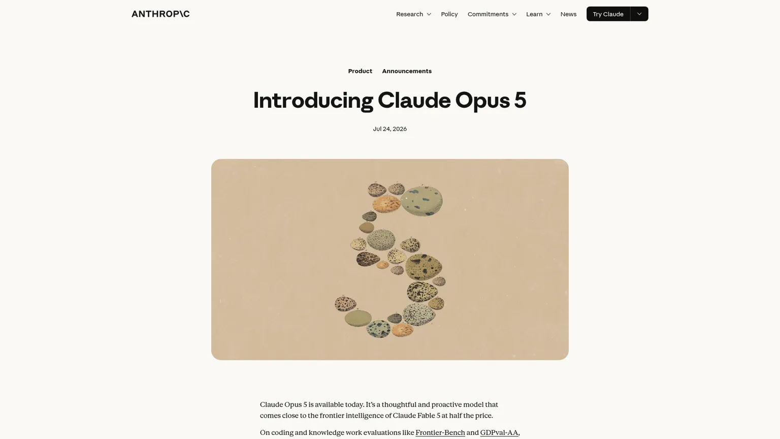 Pagina di lancio di Anthropic per Claude Opus 5