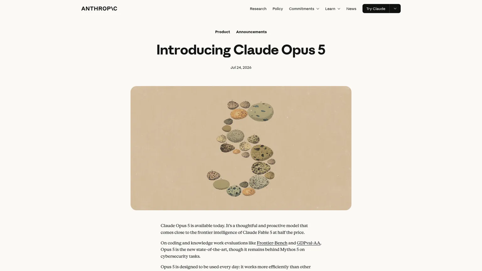 Página de lanzamiento de Claude Opus 5 de Anthropic