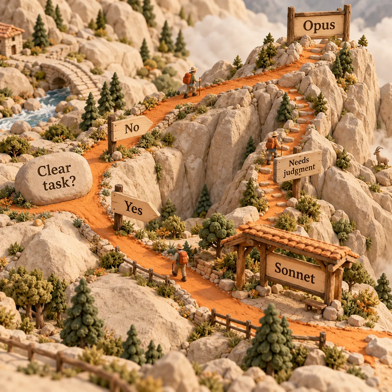 A clay trail branches toward Sonnet for a clear task and Opus for work needing judgment, with an escalation path between them