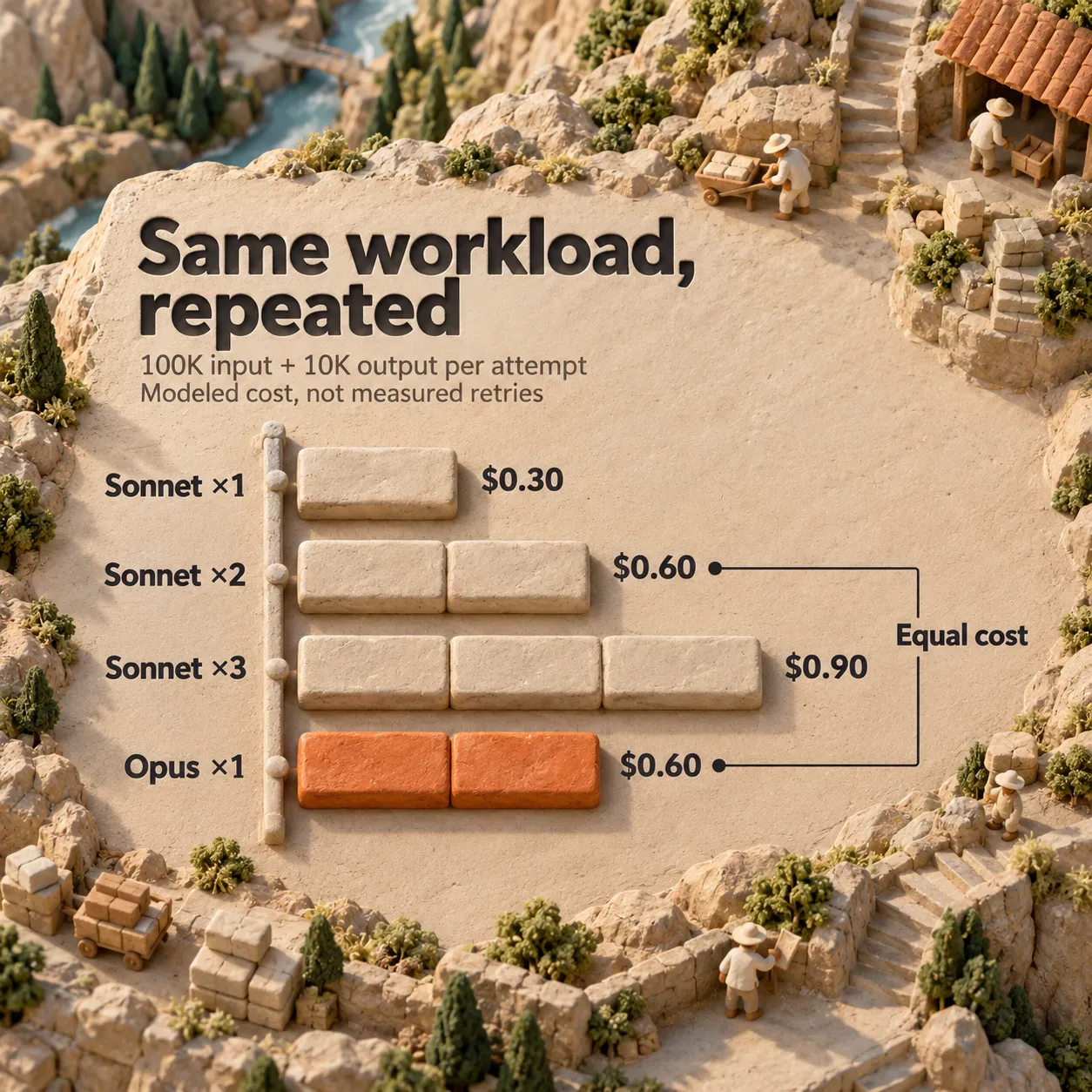 Calculated cost bars: one Sonnet attempt costs 30 cents, two cost 60 cents, three cost 90 cents, and one Opus attempt costs 60 cents under identical token assumptions