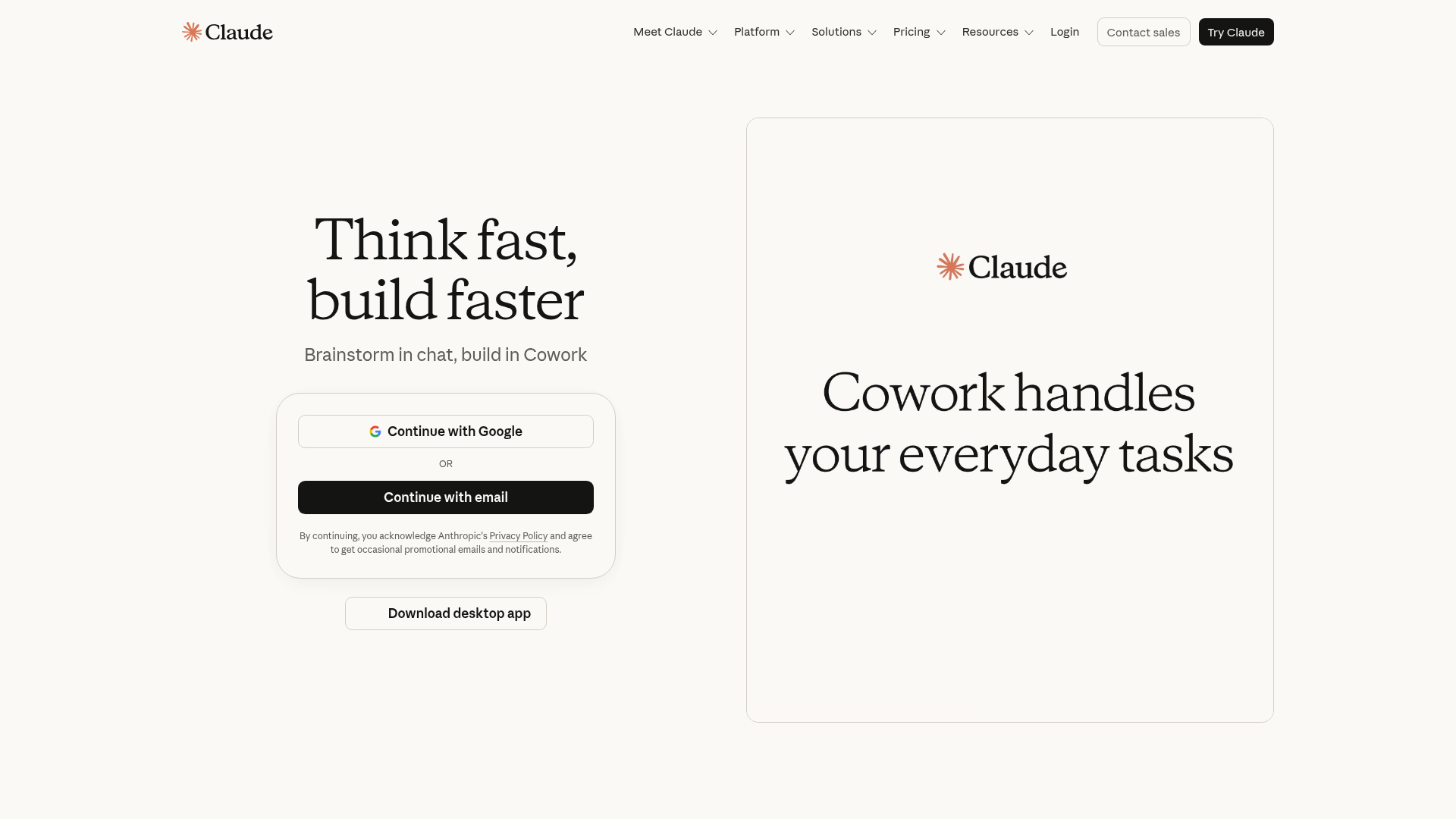 Claude public homepage showing its general AI work surface