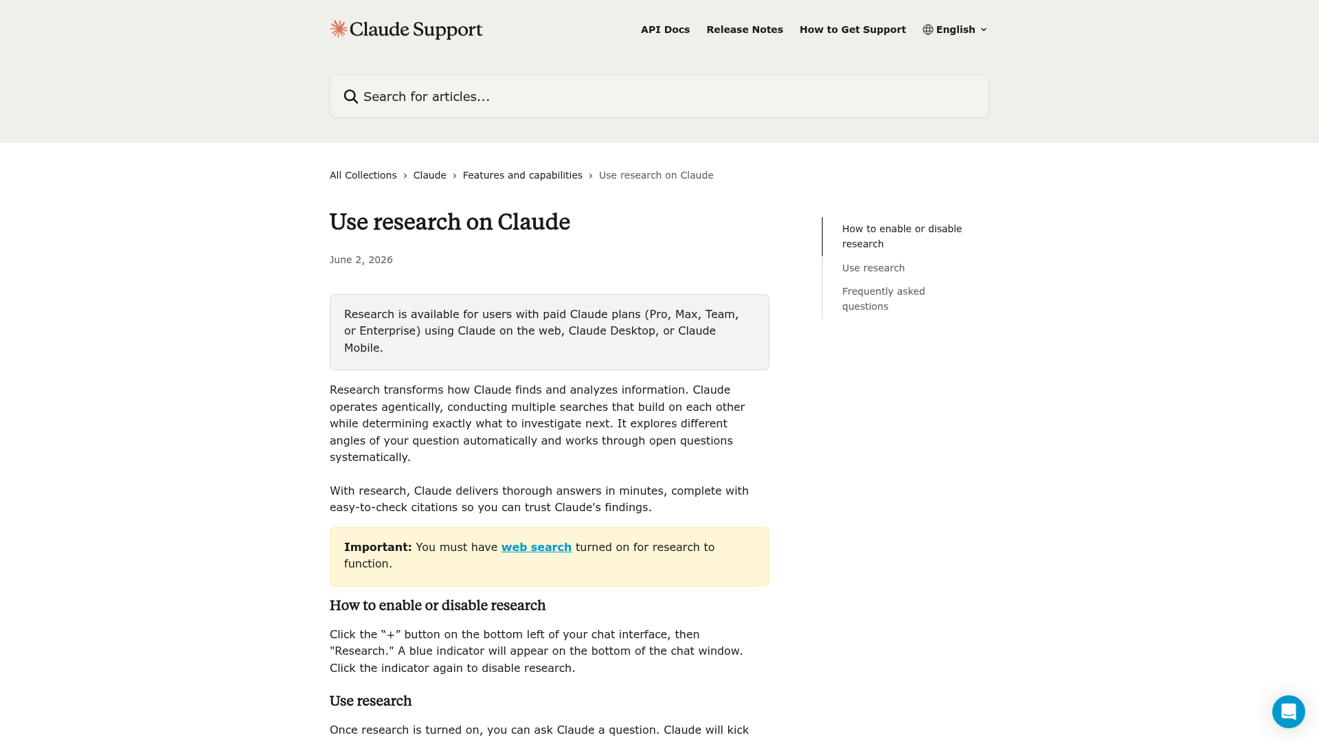 Claude Research documentation showing its multi-source research workflow