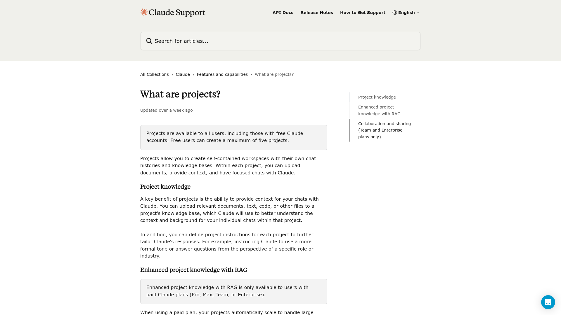 Claude Projects documentation explaining project knowledge and shared workspaces