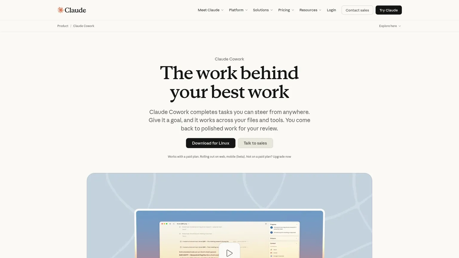 Claude Cowork product page showing delegated multi-step knowledge work