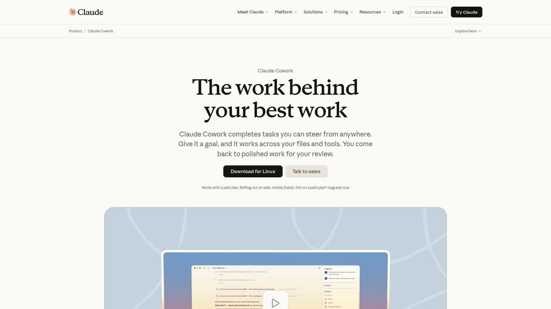 Claude Cowork product page showing delegated multi-step knowledge work