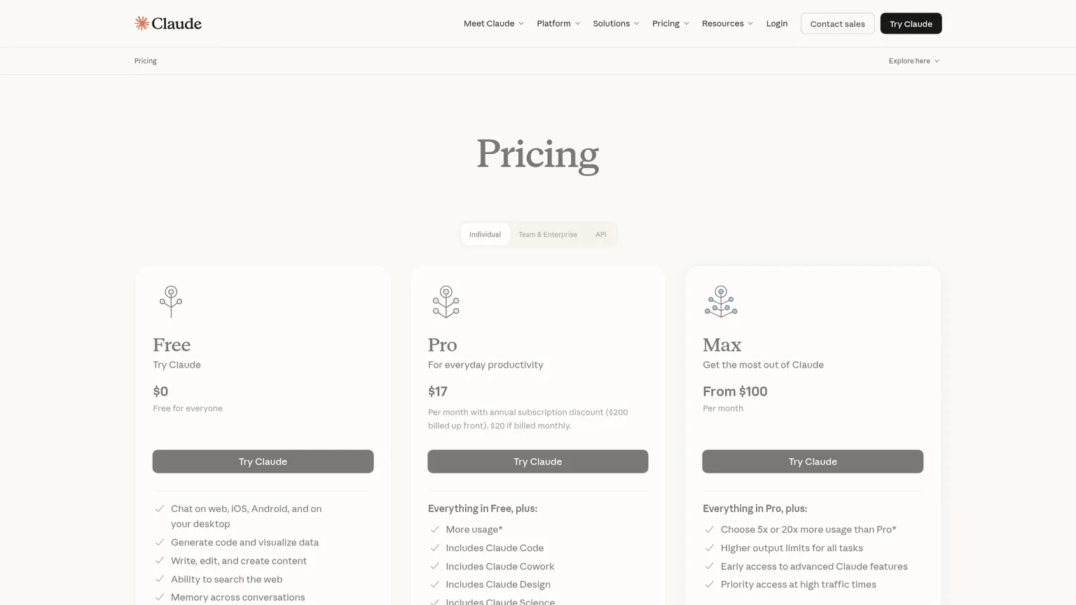 Claude live pricing page with Free, Pro, Max, Team, and Enterprise plans