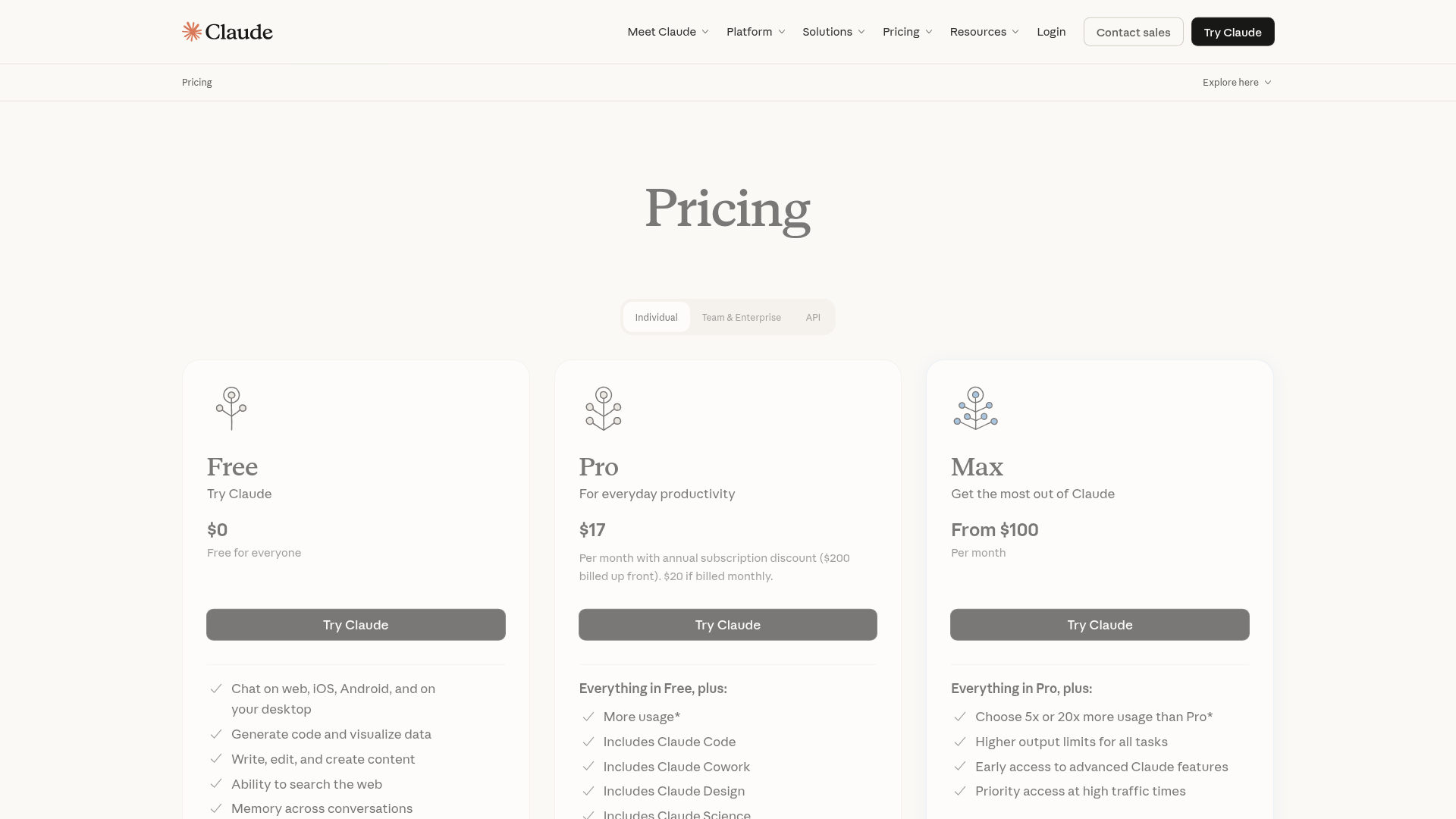 Claude live pricing page with Free, Pro, Max, Team, and Enterprise plans