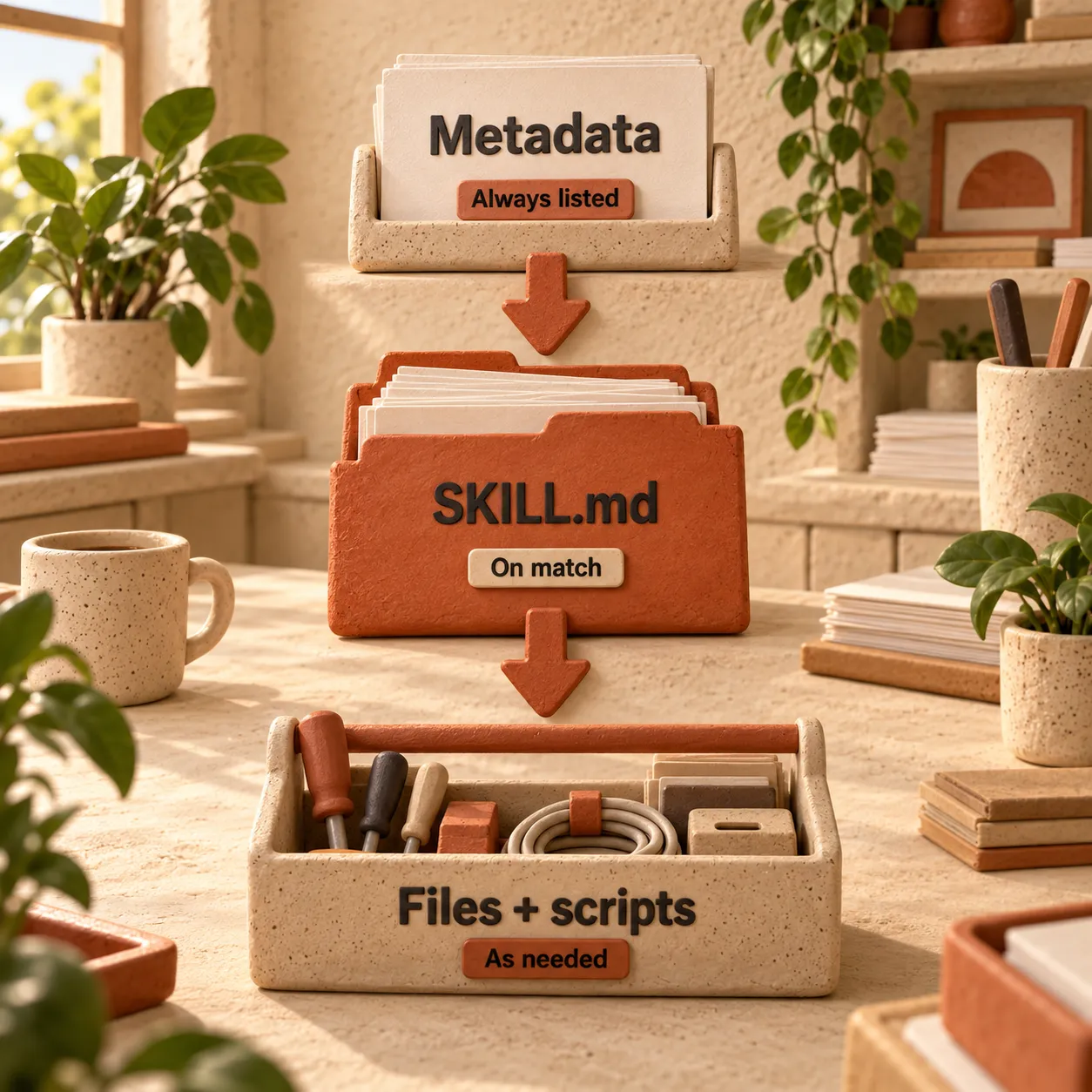 Three clay stations show skill metadata always listed, SKILL.md loaded on a task match, and files or scripts accessed as needed.