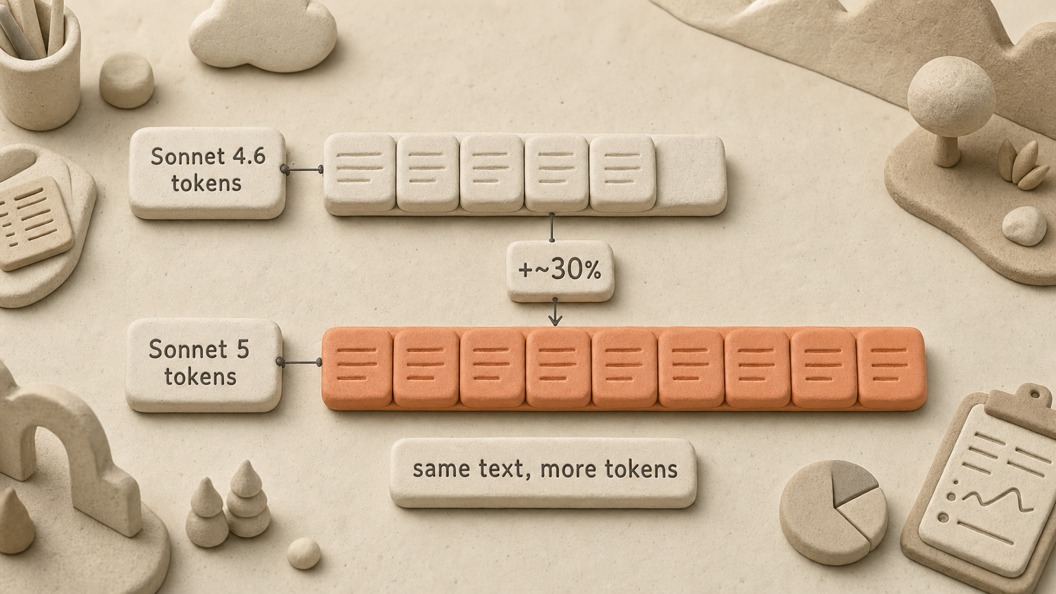 Same sentence, roughly 30% more tokens on Sonnet 5