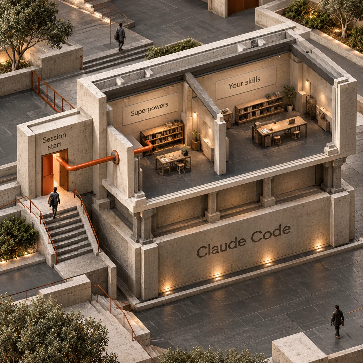 Corte arquitetônico em que Claude Code sustenta uma camada de skills com Superpowers e skills pessoais, enquanto uma entrada de início de sessão alimenta o Superpowers