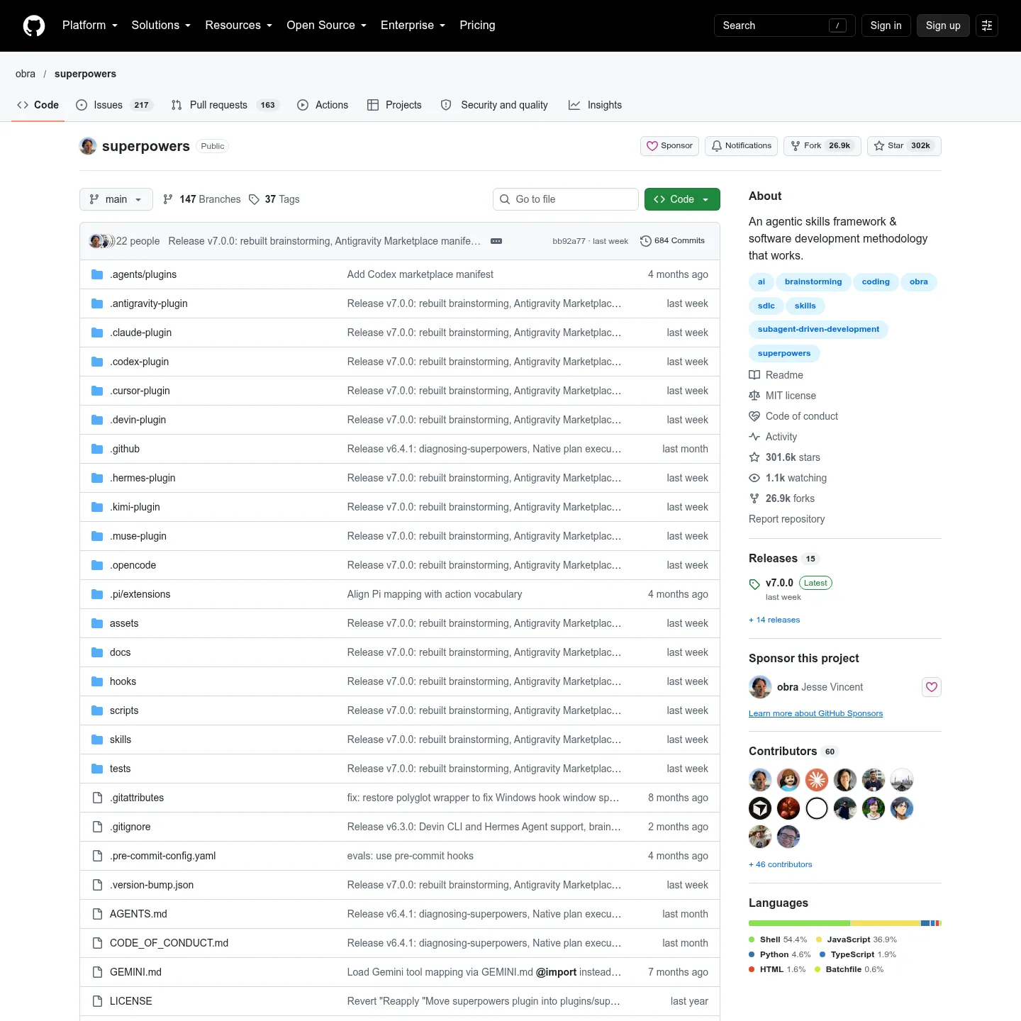 Repositório do Superpowers no GitHub, com o README e a documentação do fluxo de engenharia