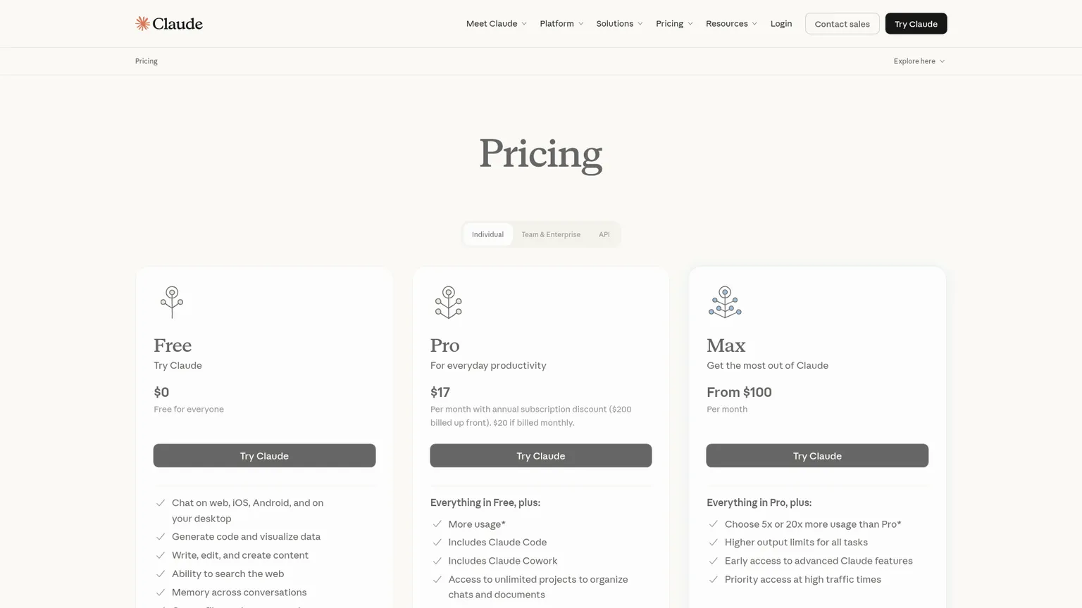 Claude pricing page