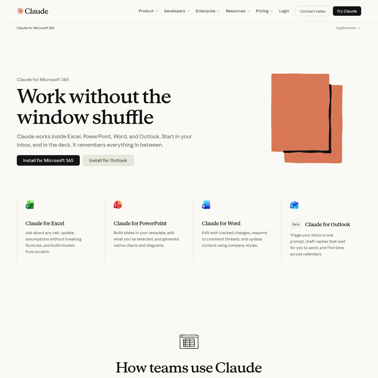 Claude's official page showing its Microsoft 365 add-ins and reviewable document workflows