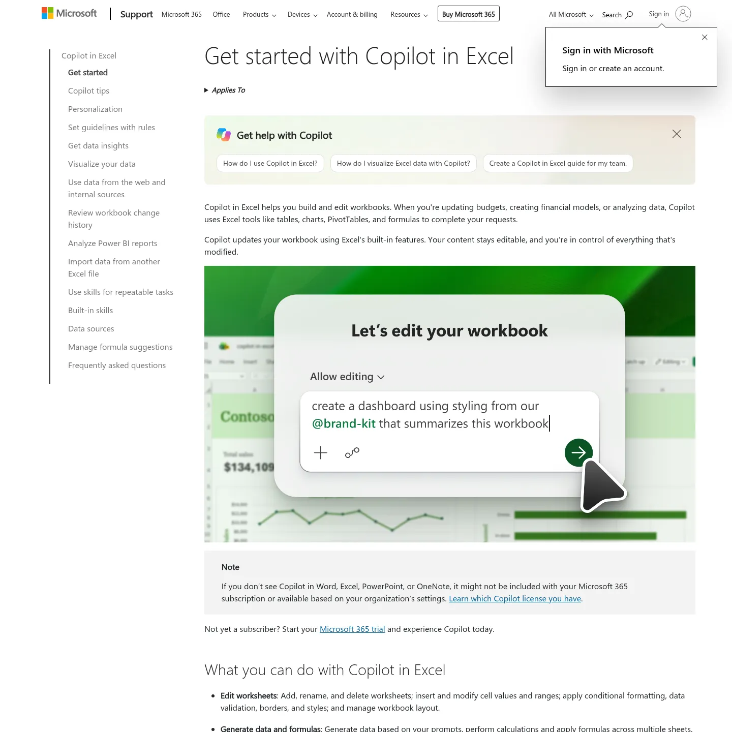 Microsoft's official Copilot in Excel guide showing the workbook assistant and editing controls