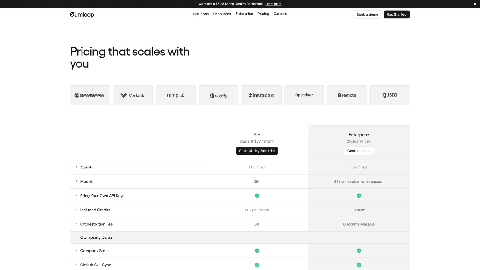 Pagina prezzi di Gumloop per agenti AI e automazione dei workflow