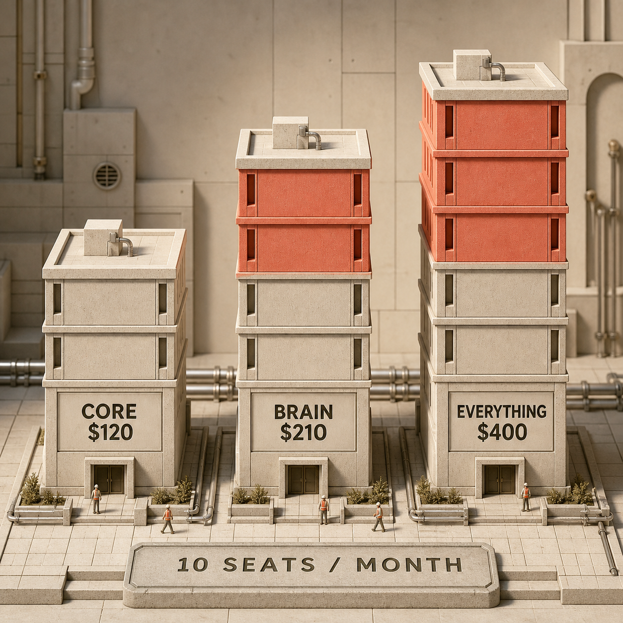 Ten-seat monthly ClickUp cost columns for Business core, Brain AI, and Everything AI