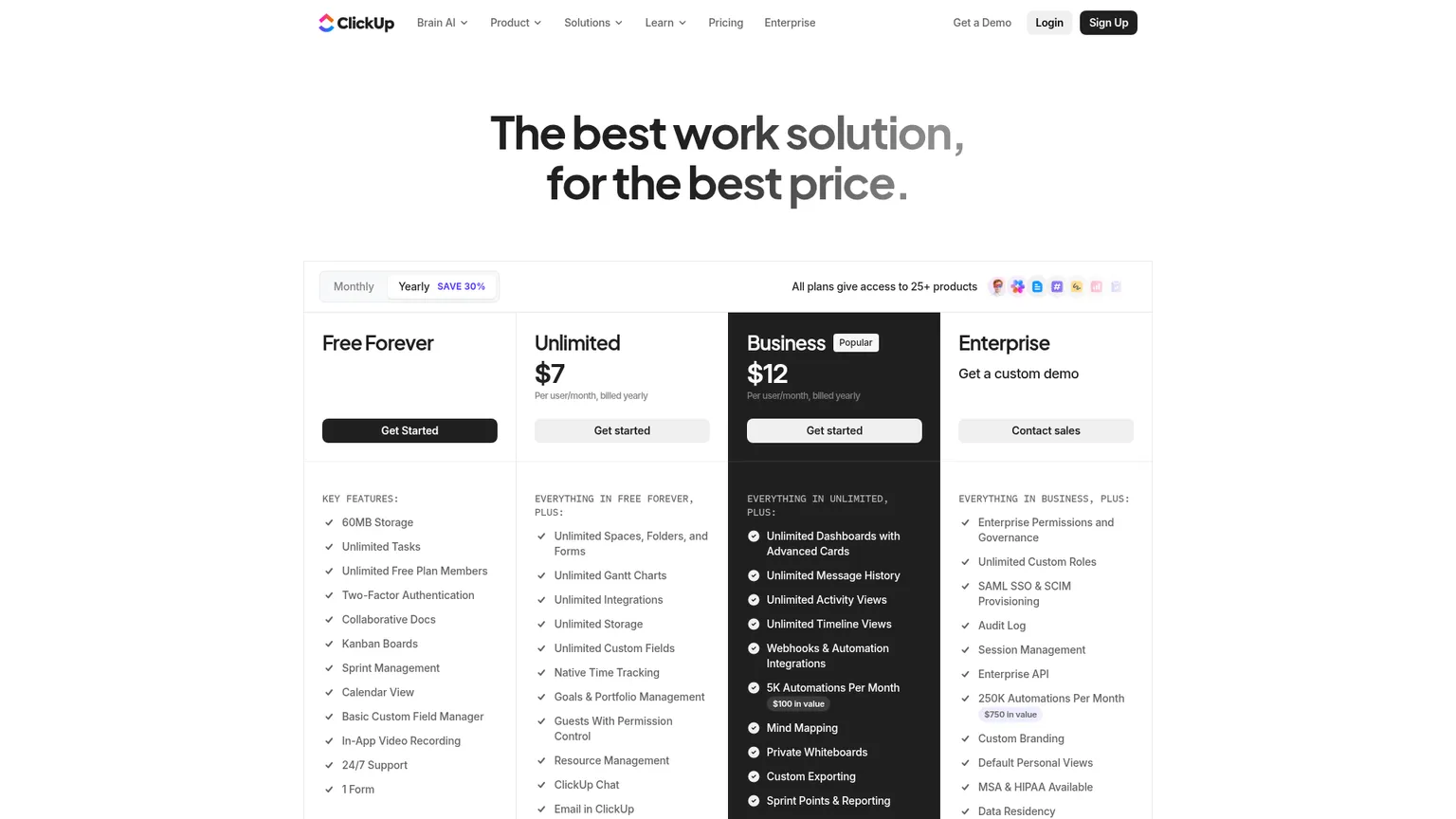 صفحة أسعار ClickUp التي تعرض خطط Free Forever وUnlimited وBusiness وEnterprise