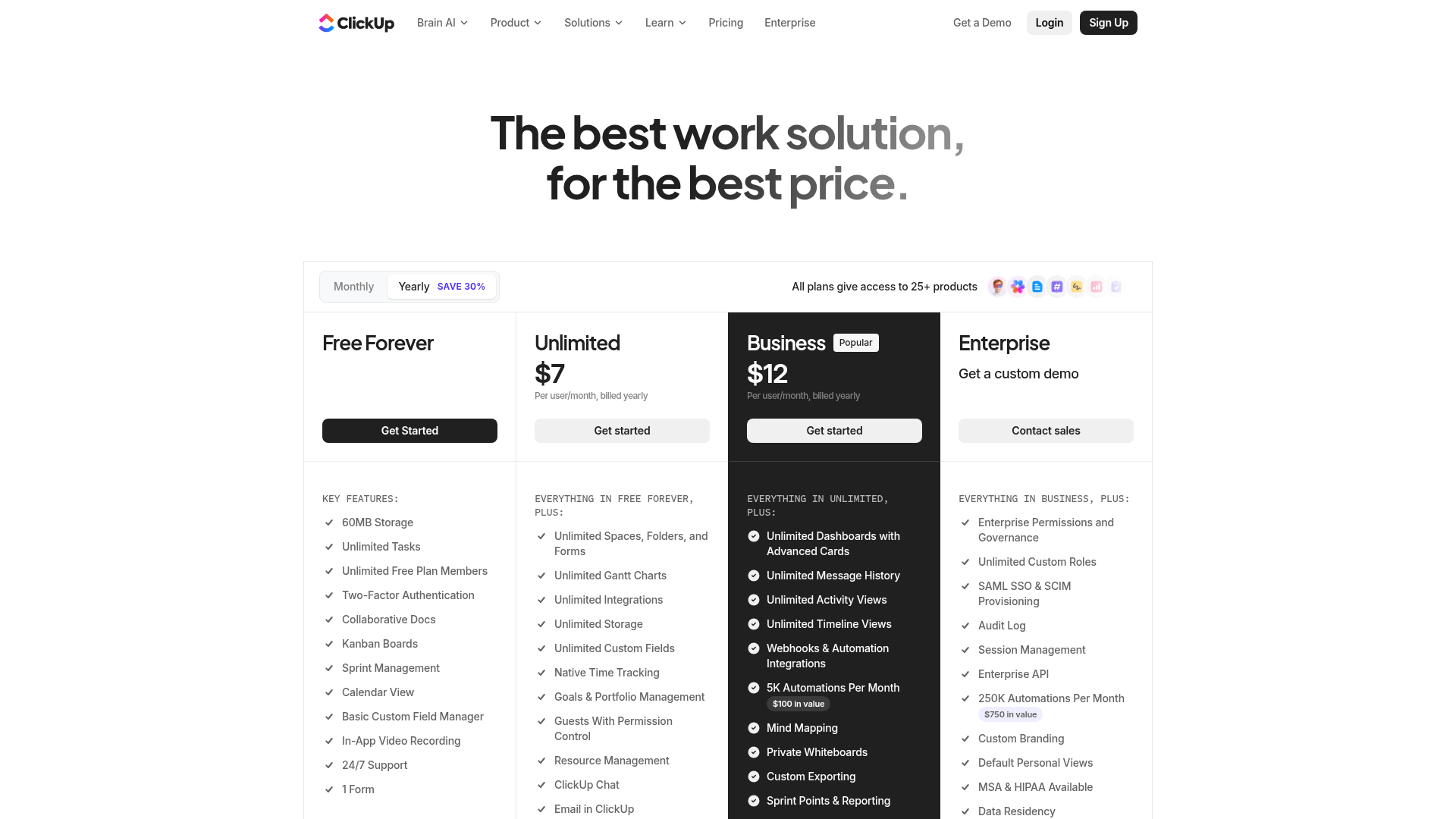 ClickUp pricing page showing Free Forever, Unlimited, Business, and Enterprise plans