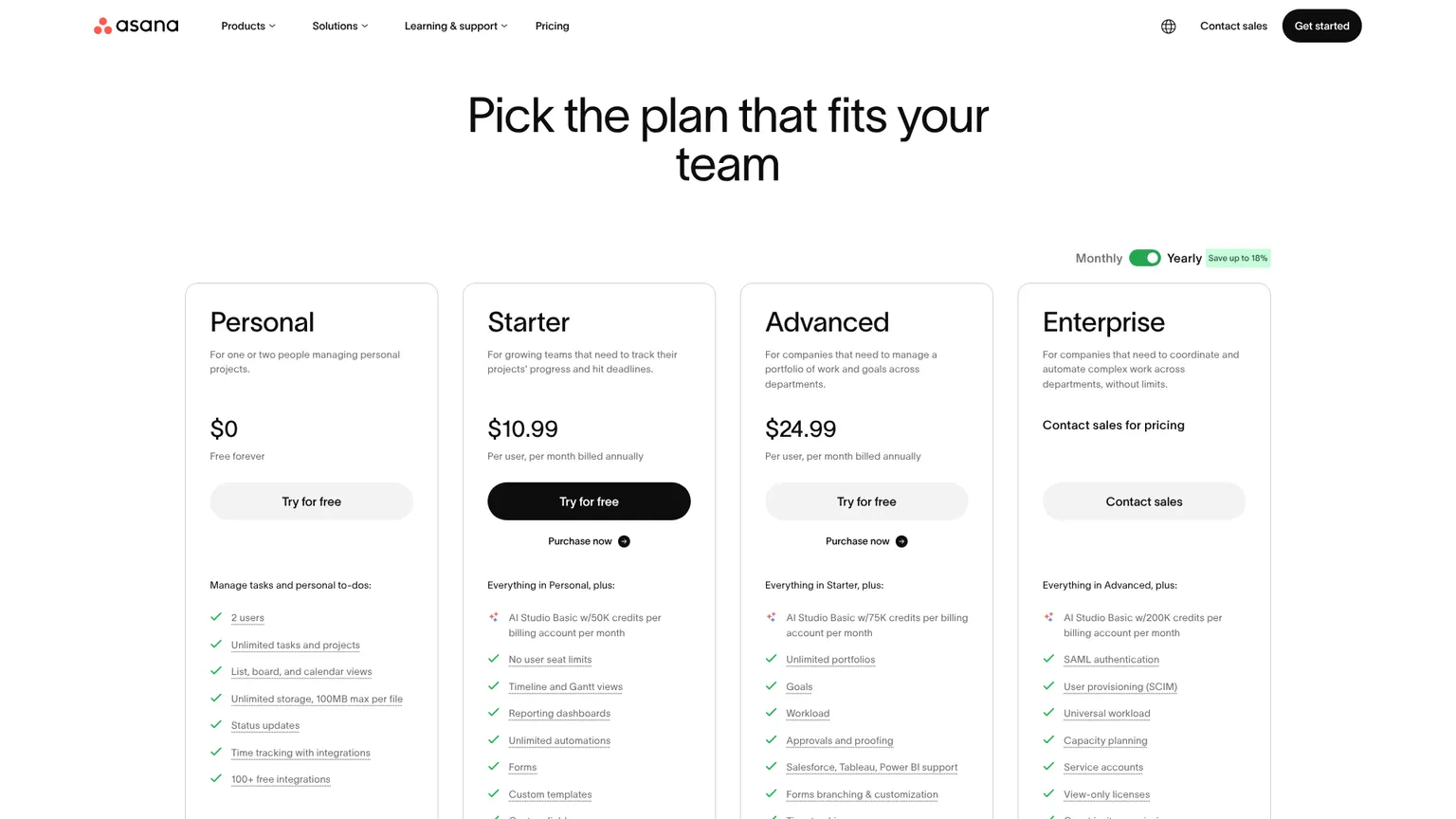 صفحة أسعار Asana التي تعرض خطط Personal وStarter وAdvanced وEnterprise