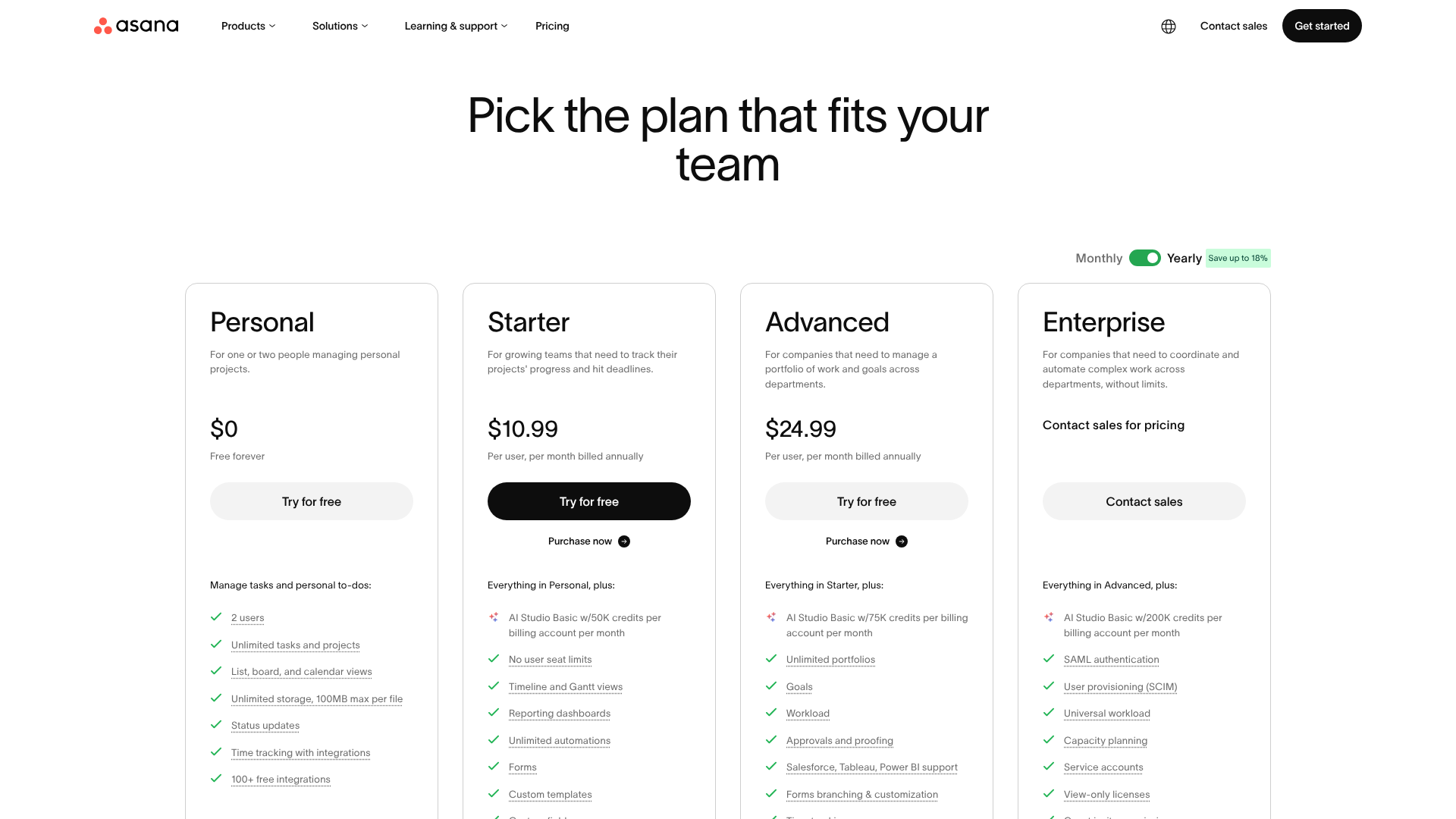 Asana pricing page showing Personal, Starter, Advanced, and Enterprise plans