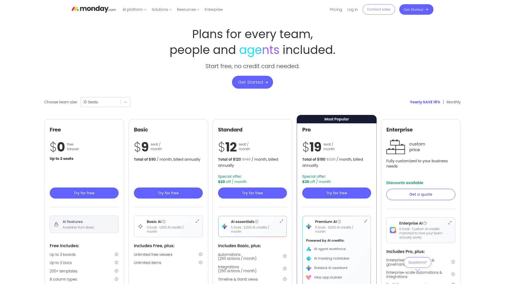 monday.com work management pricing page showing Basic, Standard, Pro, and Enterprise plans