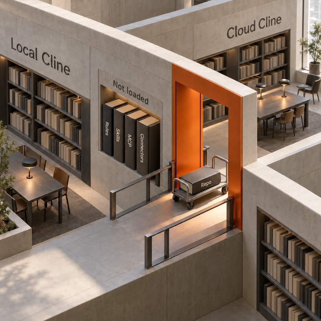 مجسّم معماري يوضّح انتقال مستودع إلى Cline Cloud، مع بقاء القواعد والمهارات وMCP والموصلات في الجانب المحلي