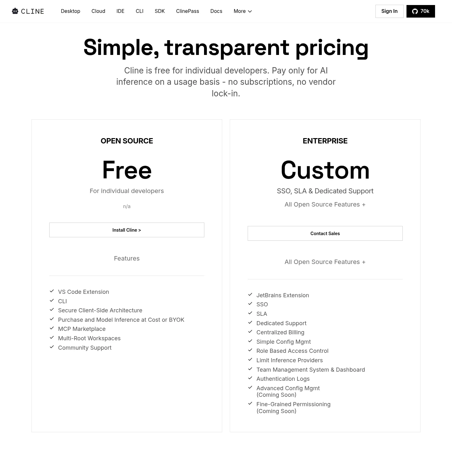 صفحة أسعار Cline تعرض خطة Open Source المجانية وخطة Enterprise ذات التسعير المخصّص