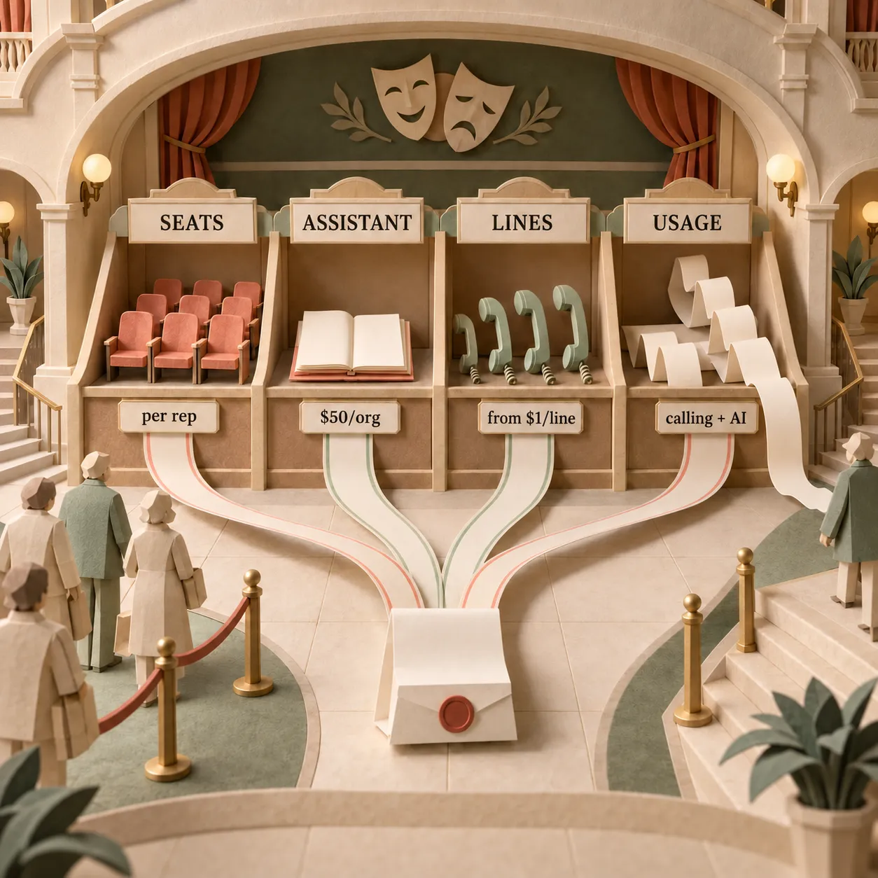 Paper theatre counters showing seat fees per rep, Call Assistant per organization, phone lines and variable usage combining into one bill.