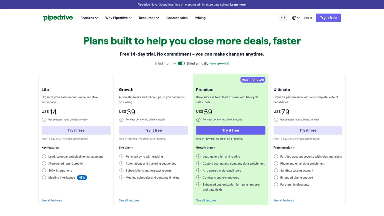 Pipedrive's public pricing page with the Lite entry plan and annual seat price.