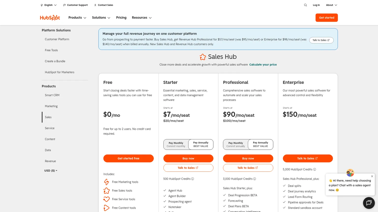 HubSpot's public sales pricing page showing free tools and the displayed Starter starting rate.