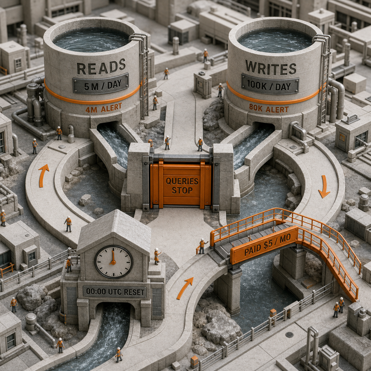 Architectural model of D1 daily read and write budgets reaching an 80 percent alert, a hard stop, and a midnight UTC reset with a Paid route