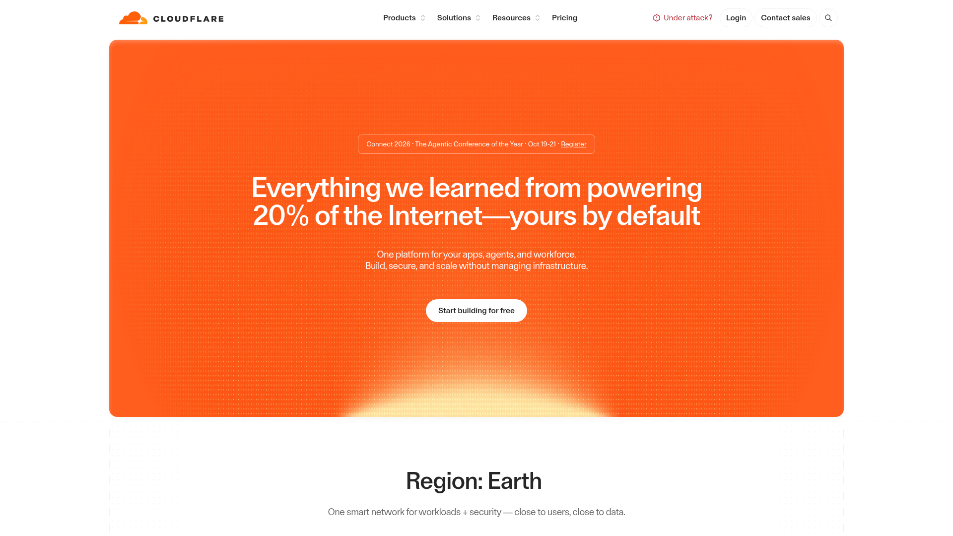 Cloudflare homepage presenting its connectivity cloud and developer platform