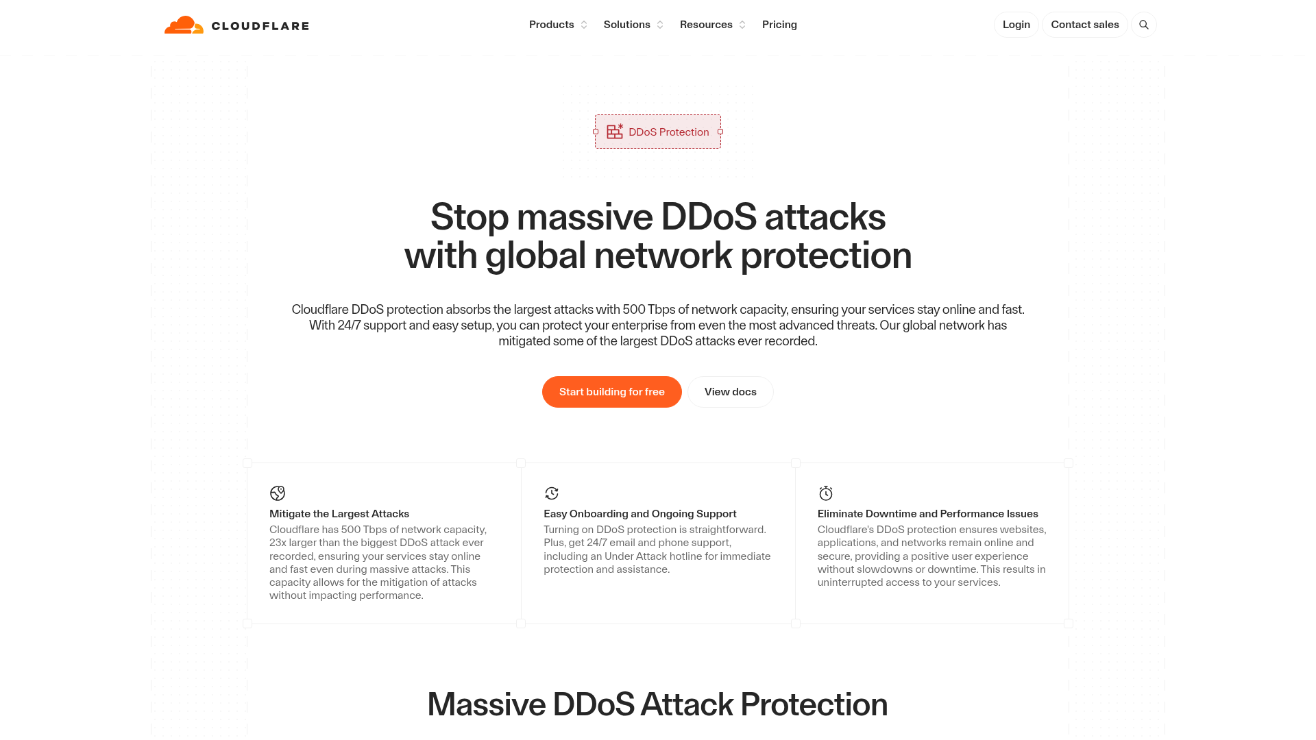 Cloudflare DDoS protection page showing its network protection offering