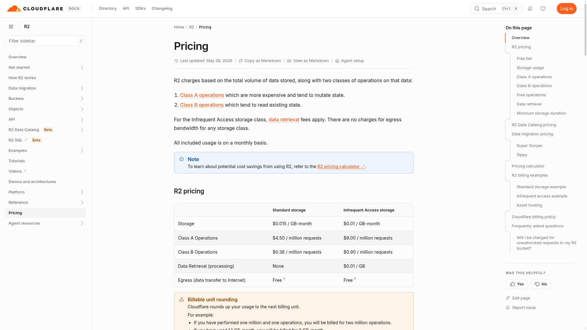 Cloudflare R2 live pricing documentation