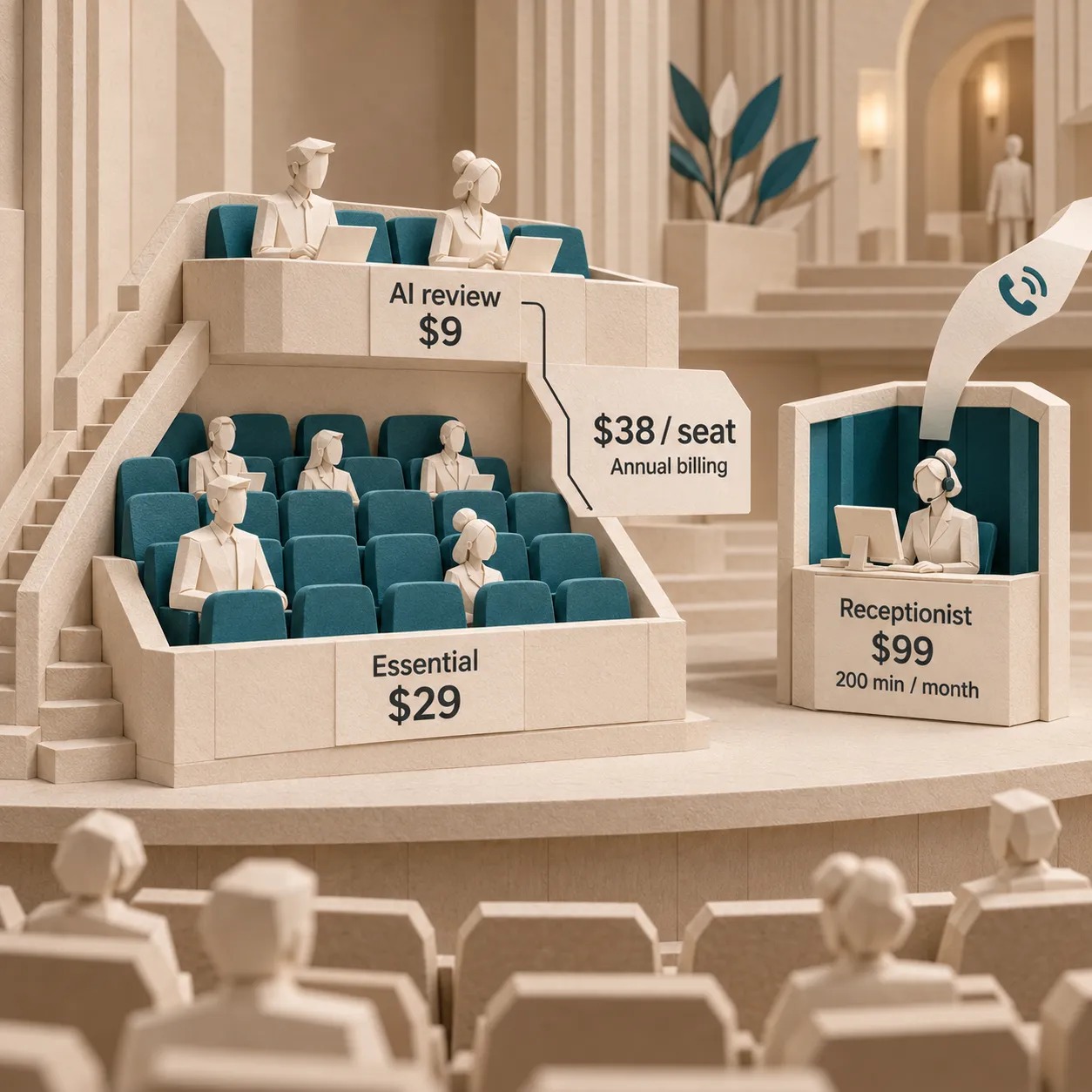 Paper theatre cutaway separates Essential and AI review charges per seat from a receptionist usage bundle