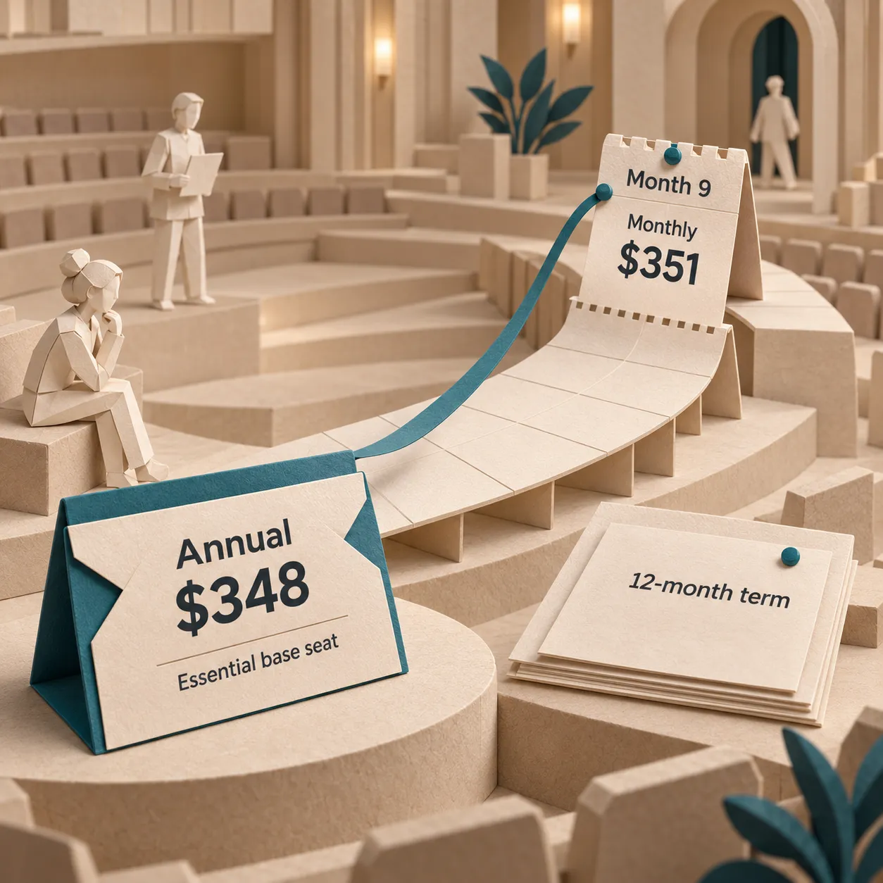 Paper calendar timeline compares a $348 prepaid annual Essential seat with $351 after nine monthly payments
