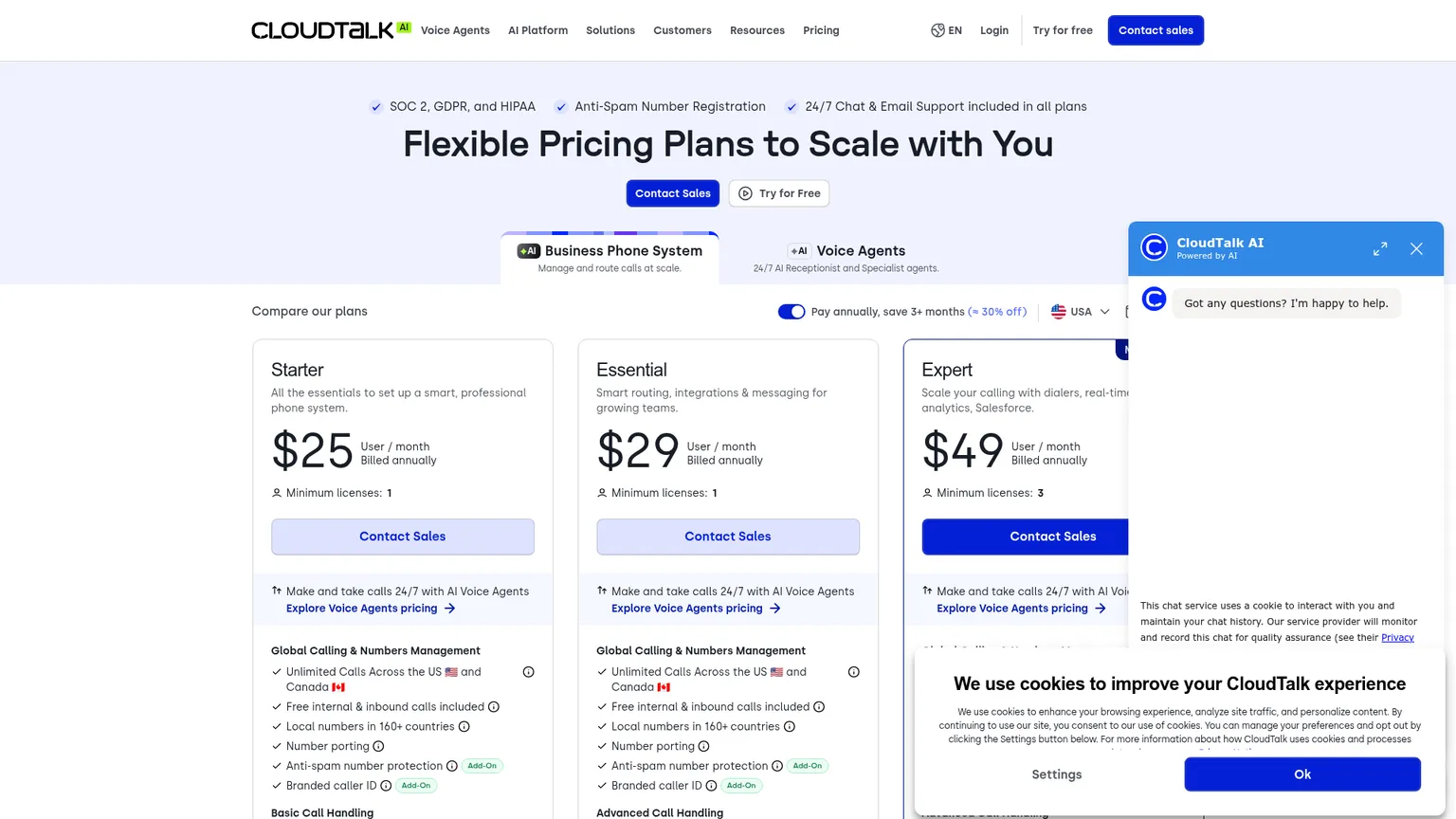 CloudTalk live pricing page with business phone plans and AI add-ons