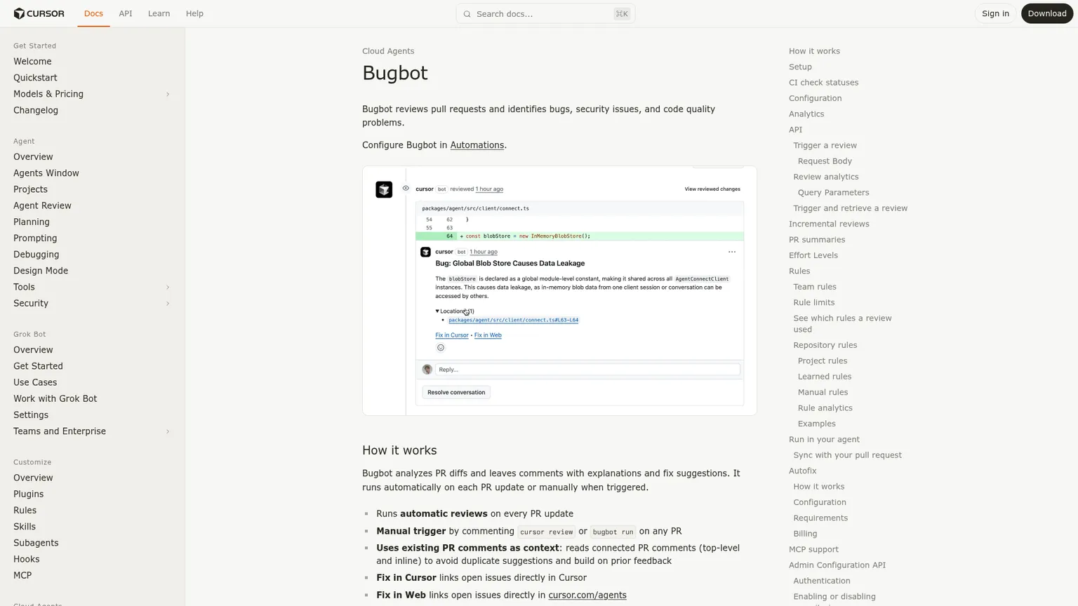 وثائق Cursor Bugbot للمراجعة الآلية لطلبات السحب