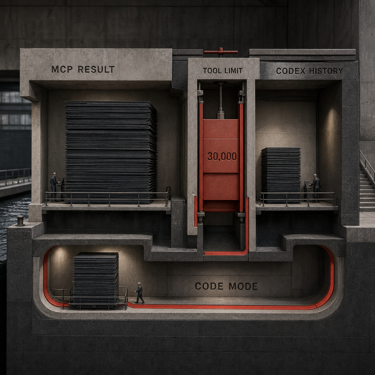 تصور معماري يوضح مرور نتيجة MCP عبر بوابة رموز خاصة بكل أداة قبل دخولها إلى سجل Codex