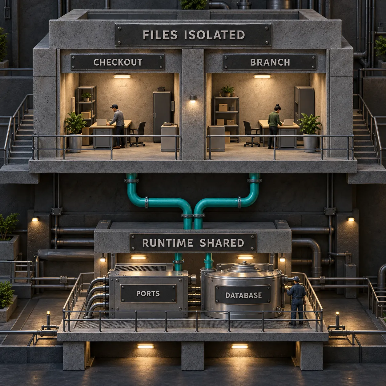 Split architectural model showing isolated files beside shared ports and database services
