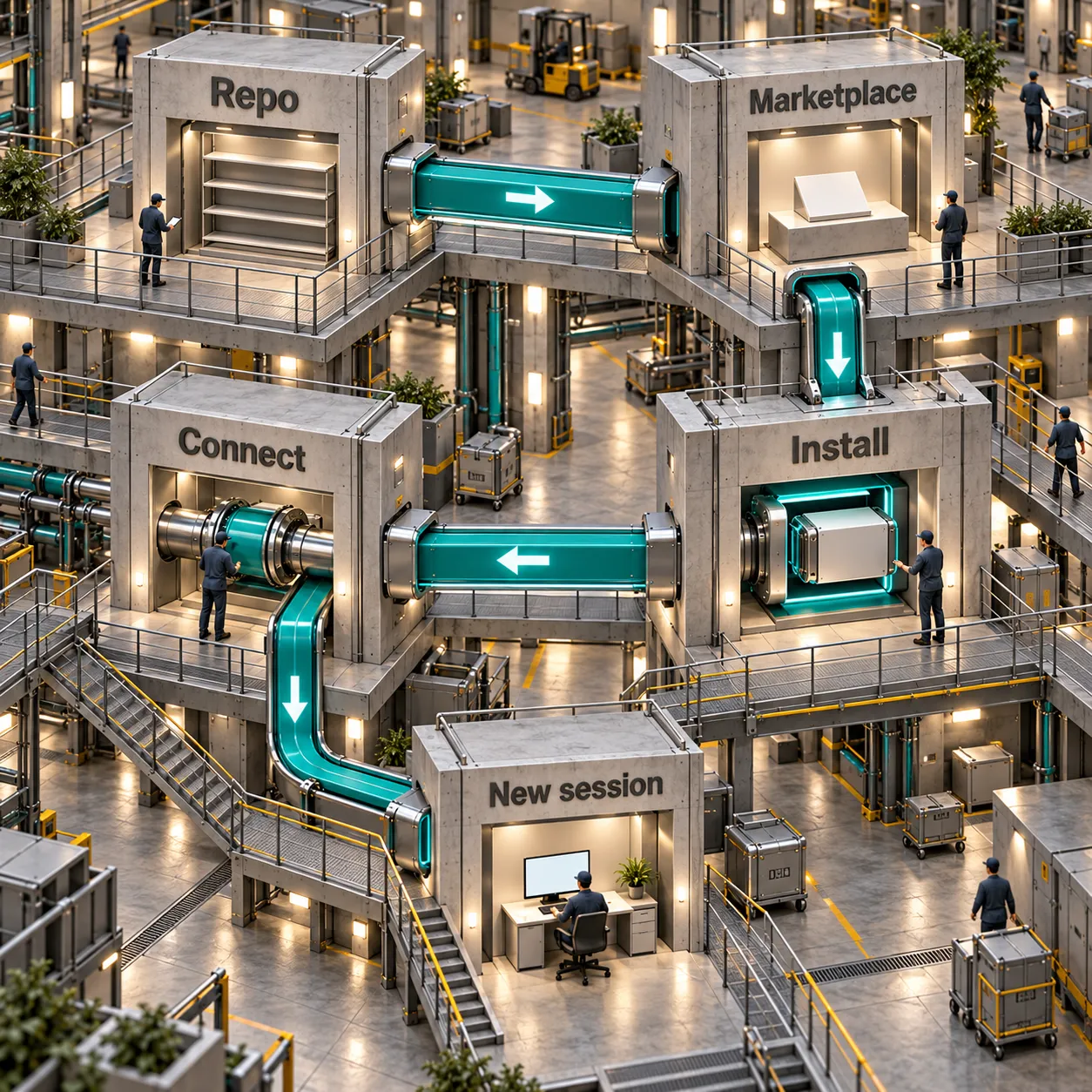 خمس محطات معمارية مترابطة تحمل تسميات Repo وMarketplace وInstall وConnect وNew session.