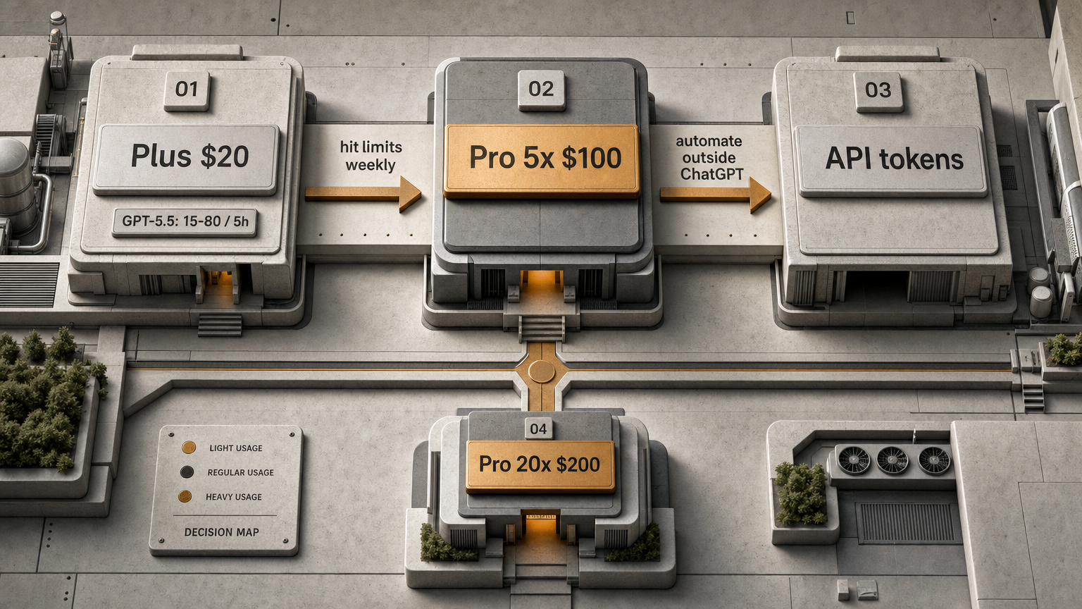 Decision map showing when to use Plus, Pro 5x, or API token billing for Codex
