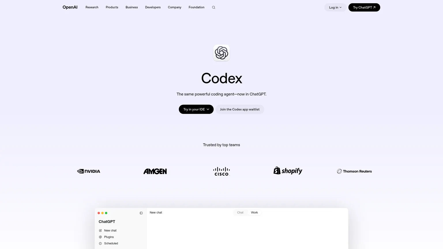 OpenAI Codex product page showing its coding-agent surfaces