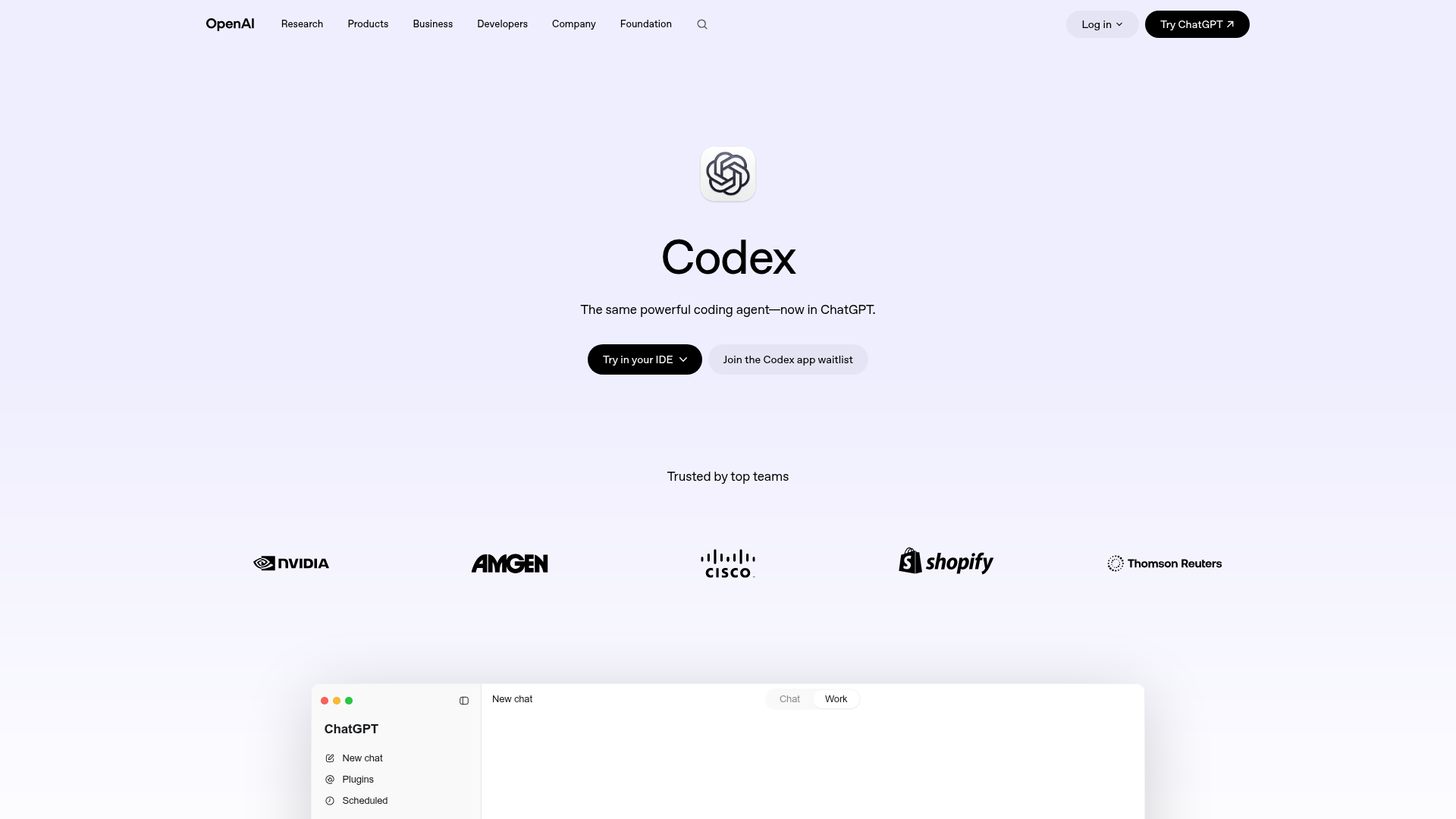 OpenAI Codex product page showing its coding-agent surfaces