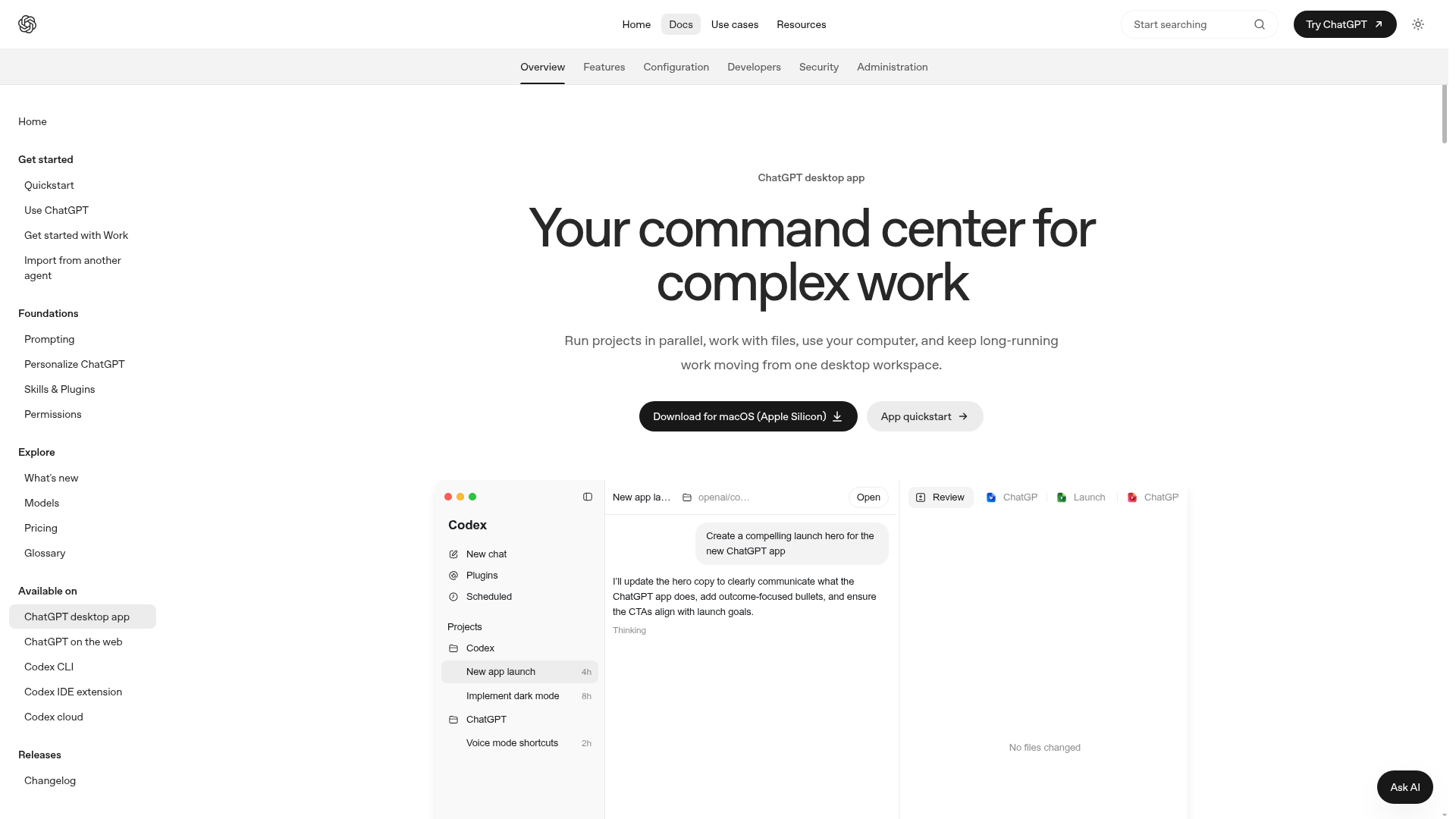ChatGPT desktop app documentation showing projects and long-running work
