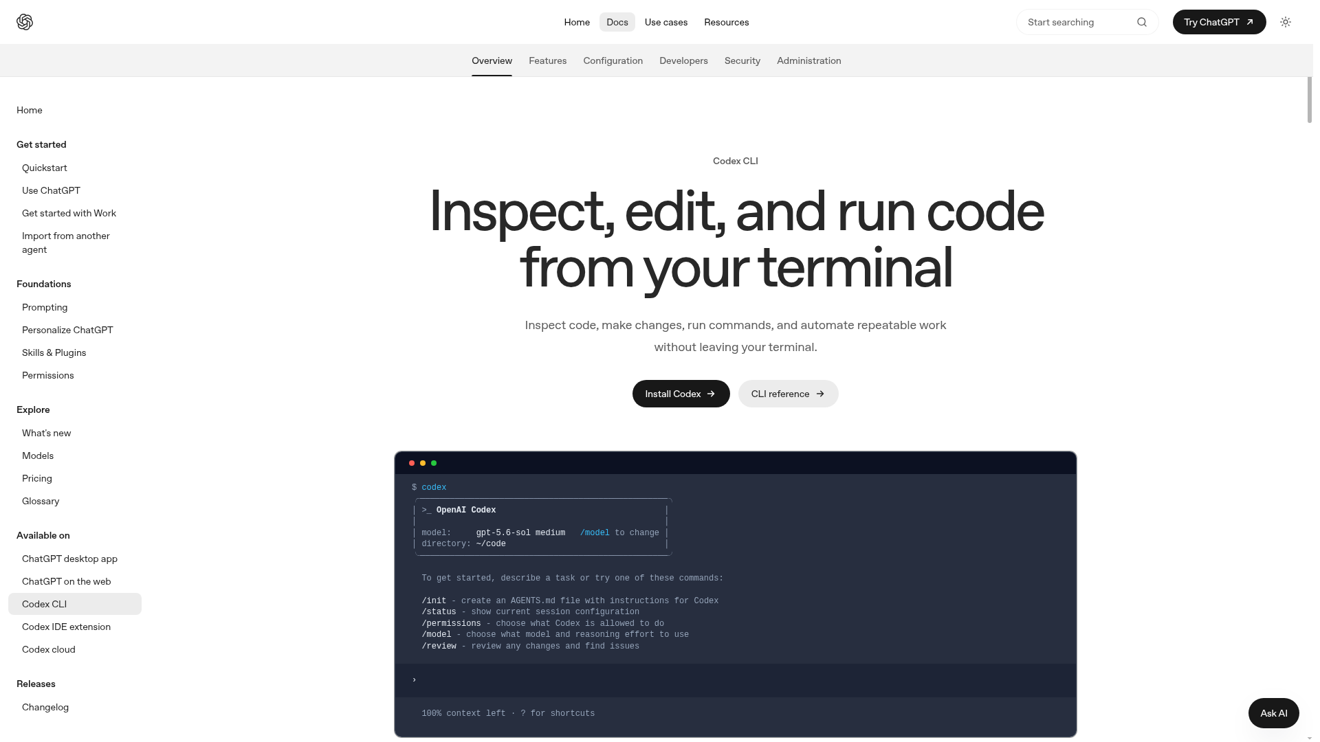 Codex CLI documentation with terminal workflows and review commands