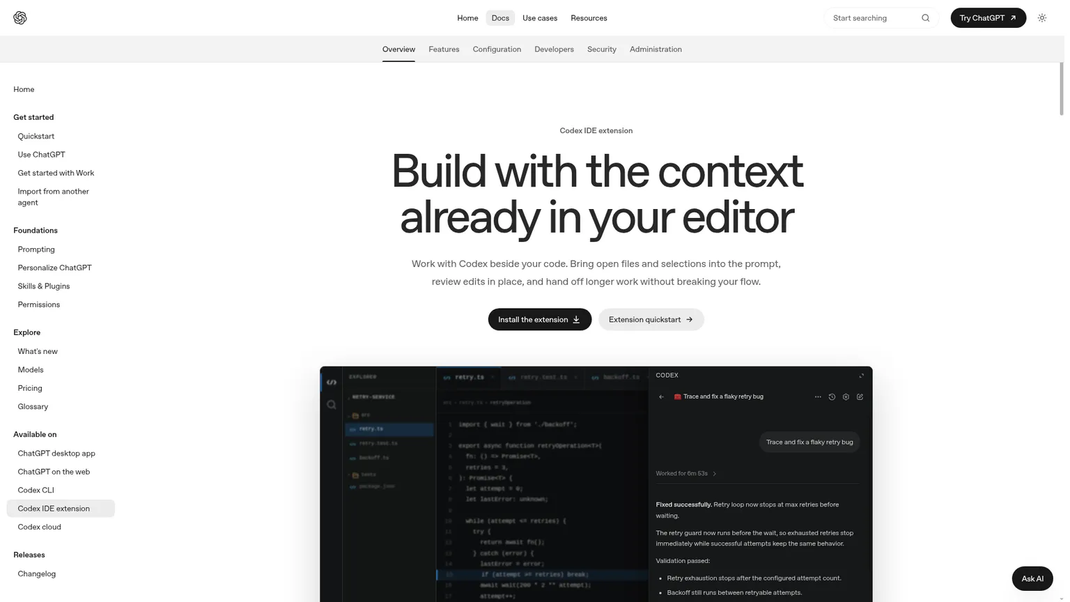 Codex IDE extension documentation showing editor context and in-place review