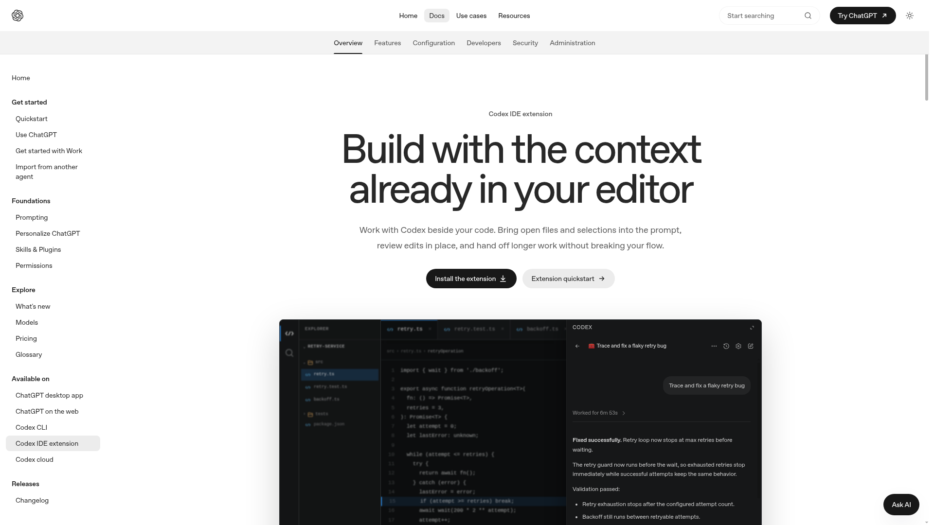 Codex IDE extension documentation showing editor context and in-place review