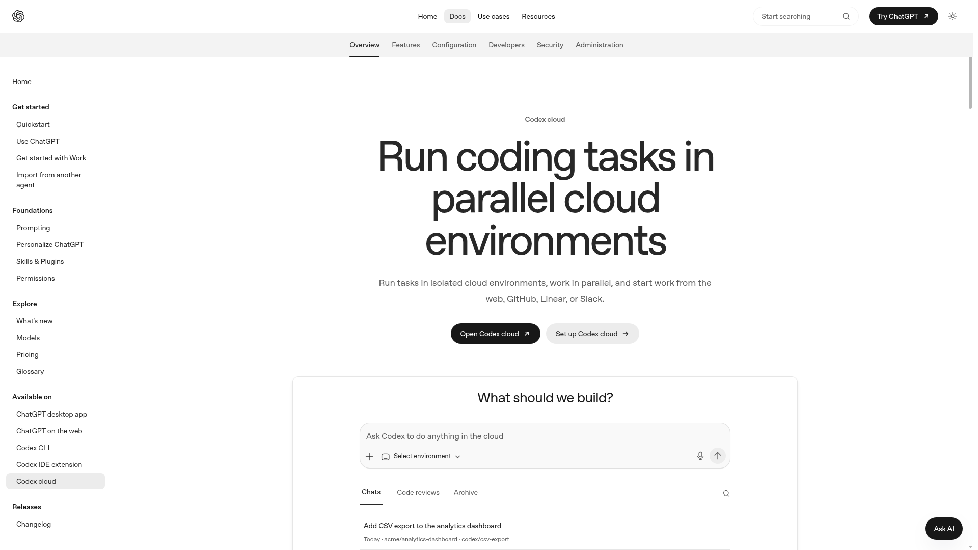 Codex cloud documentation showing parallel isolated coding tasks